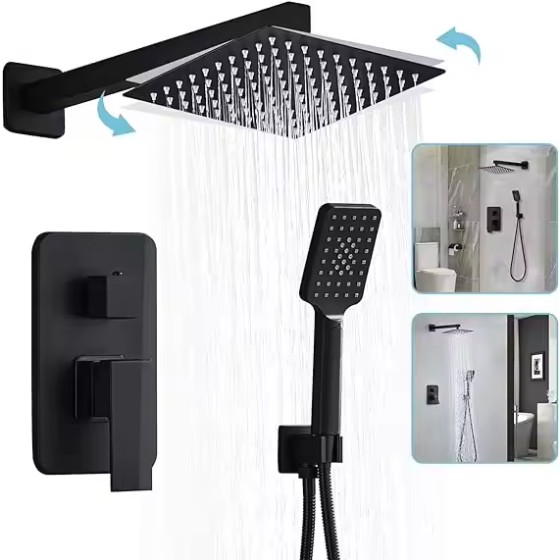 Matte black thermostatic shower system with body spray jets hidden rain handheld sprayer faucet set